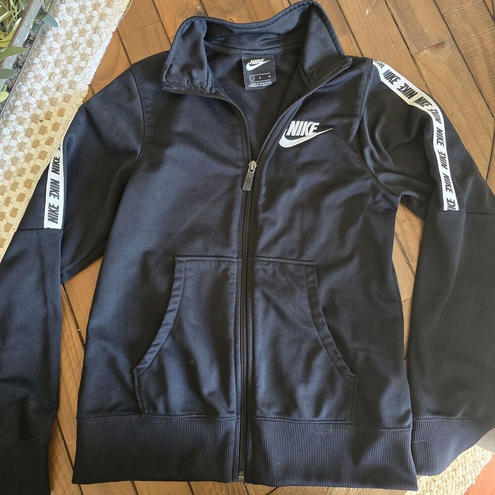 NIKE Track Jacket Youth Size L Full Zip Black With Logo On Sleeve And Chest